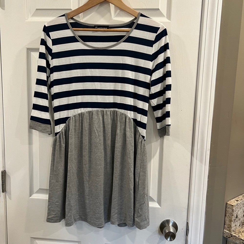 Zattcas Womens Striped Empire Waist Tunic Top Navy Gray ZA105 Size L